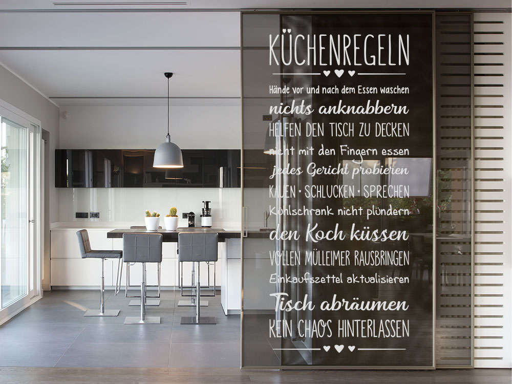 Fensterfolie Küchenregeln Banner in Sandstrahloptik auf Glastür im Koch-Essbereich