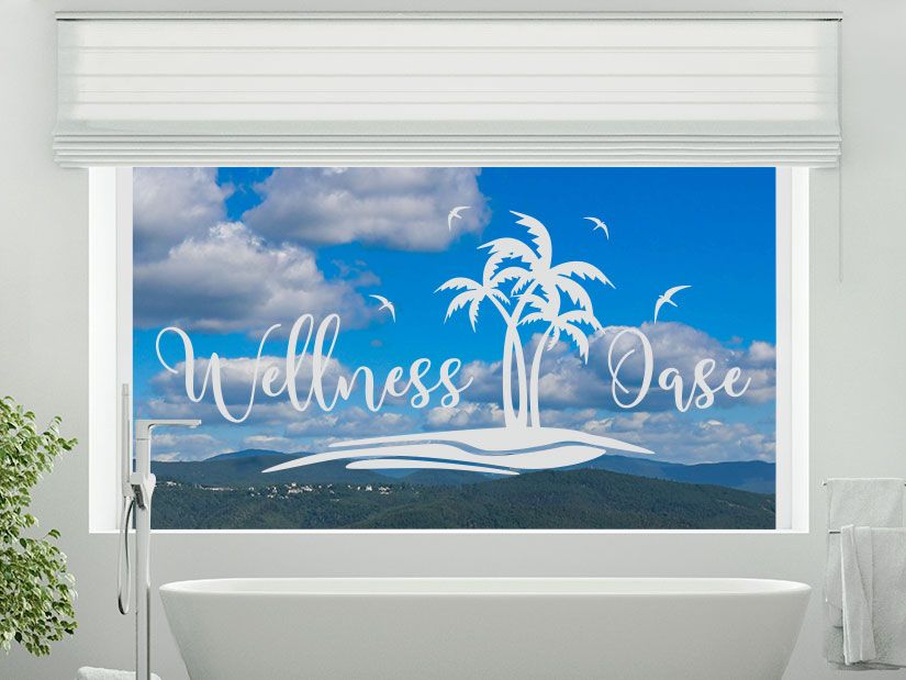 Fensteraufkleber Wellness Oase mit Palmen im Badezimmer über Wanne