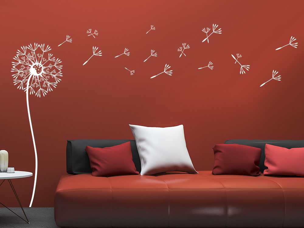Wandtattoo putzige Pusteblume in Farbe auf Wohnzimmerwand