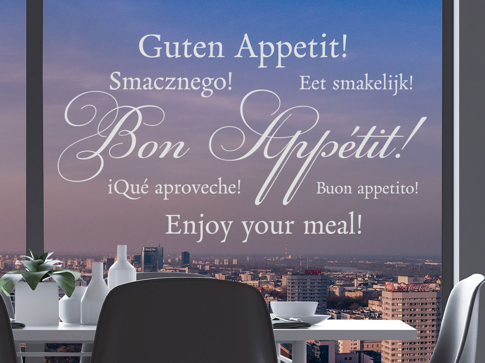 Mehrsprachige Milchglas Fensterfolie Bon Appetit im Restaurant