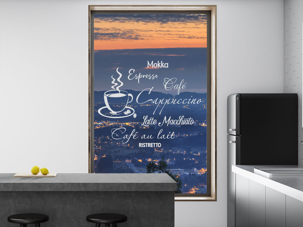 Sandstrahldekor Fensterfolie Kaffee mit Tasse auf Glasfläche