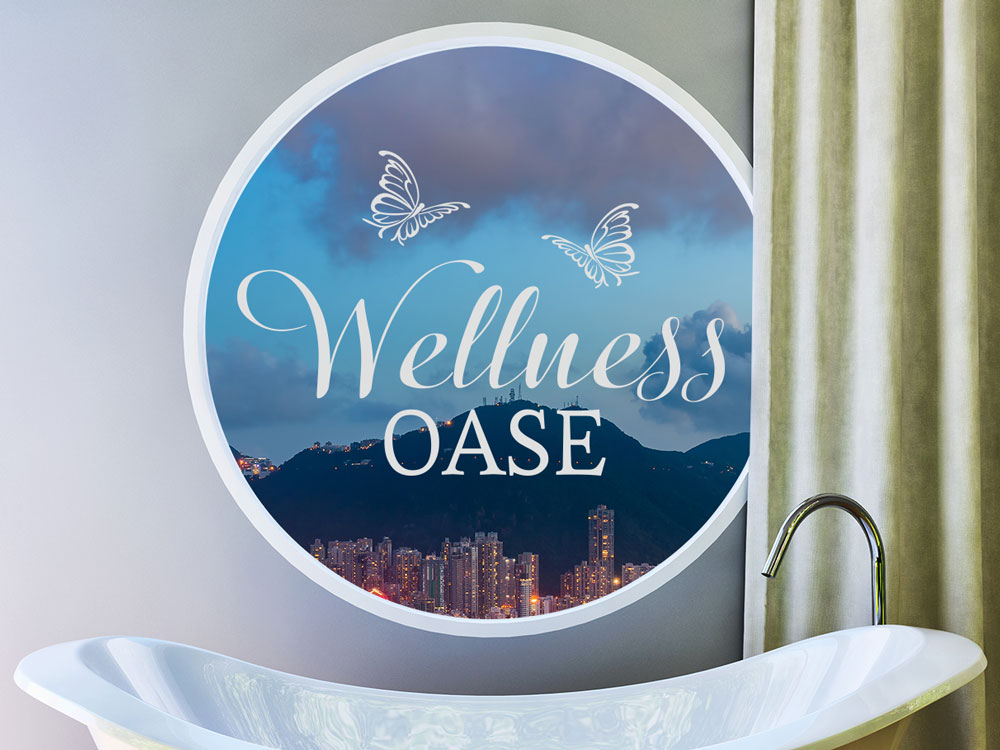 Wellness Oase als Glasdekorfolie auf Fensterscheibe im Nassbereich