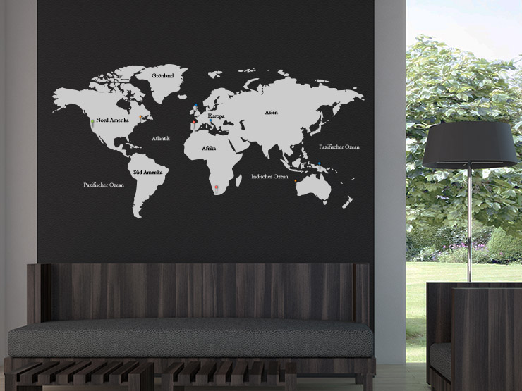 Wandtattoo Weltkarte markiert mit Reisezielen