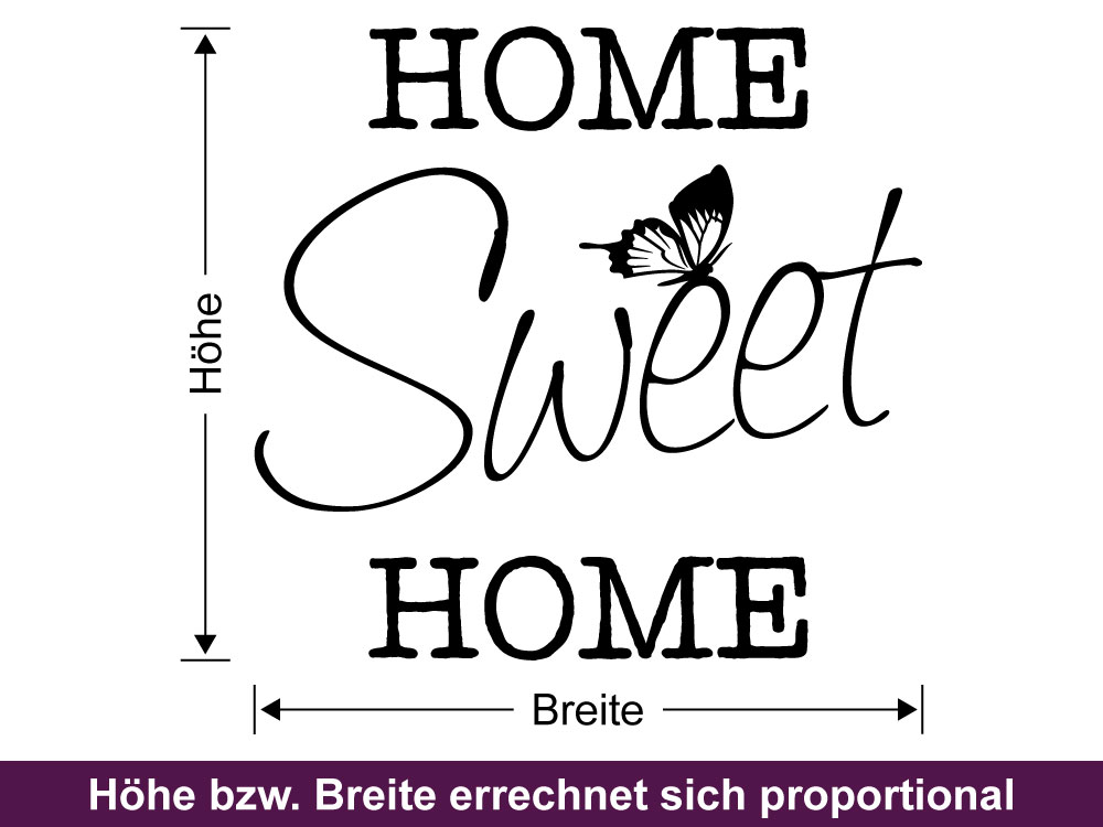 Glastattoo Home sweet home mit Schmetterling - Bemaßung der Glasfolie