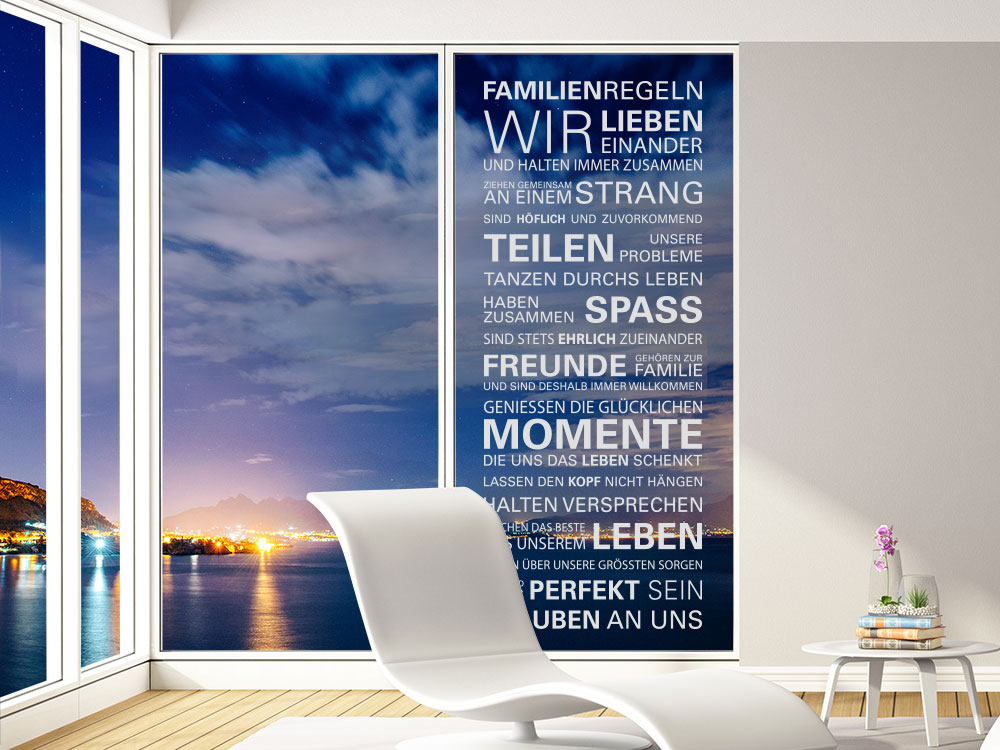 Fensterfolie Spruchband Familienregeln Banner auf Fensterscheibe