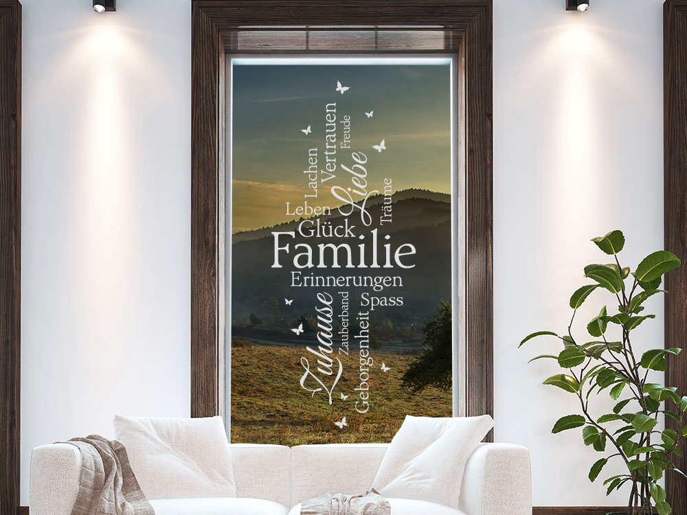 Dekorfolie Wortwolke Familie auf Fensterfläche