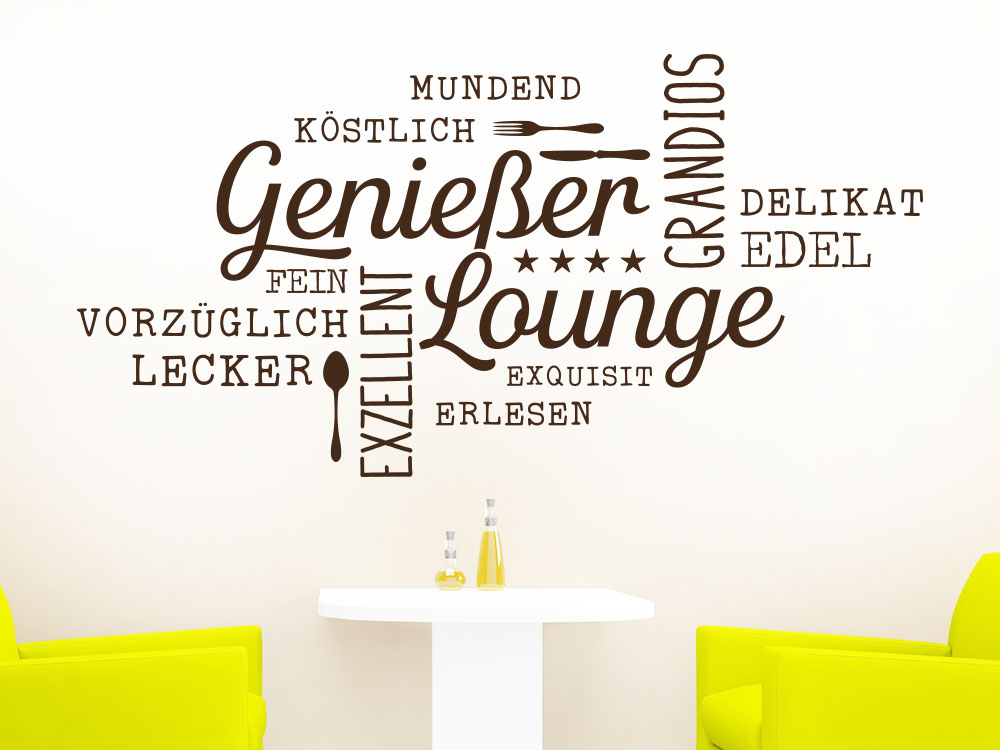 Genießer Lounge Wandtattoo Wortwolke auf heller Wand im Essbereich
