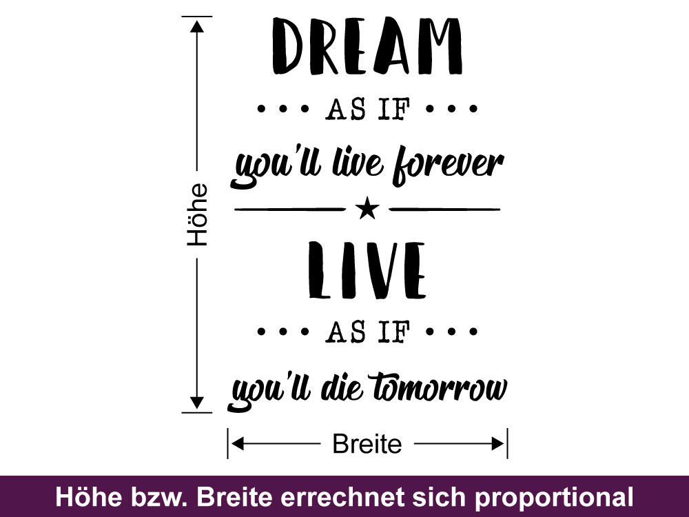 Glastattoo Dream as if you will live forever - Bemaßung der Glasfolie