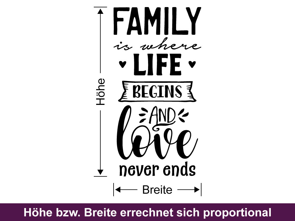 Glastattoo Family is where life begins - Familien Spruch mit Herzen als Bemaßung